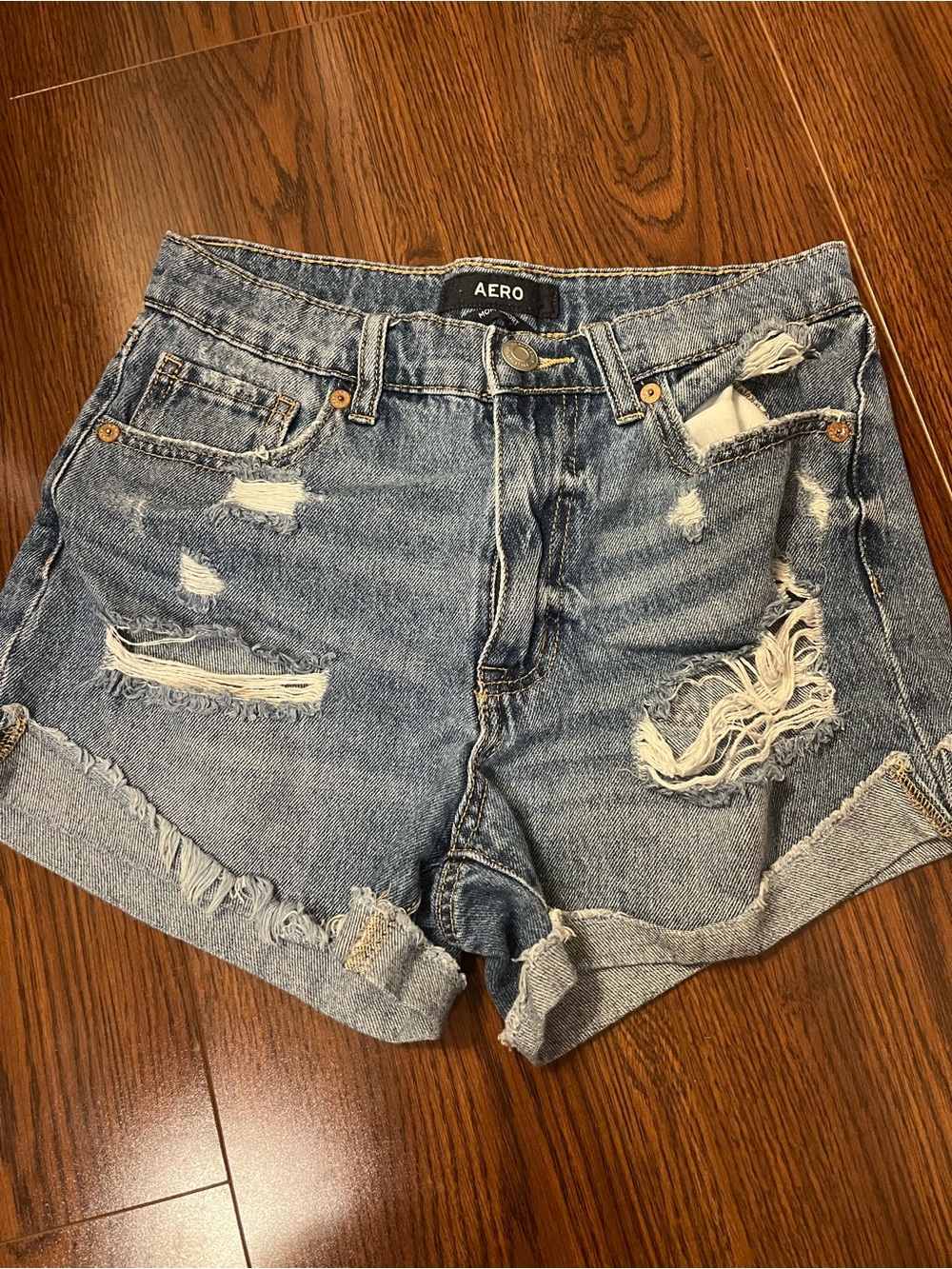 AERO Ripped Light Wash Mom Shorts